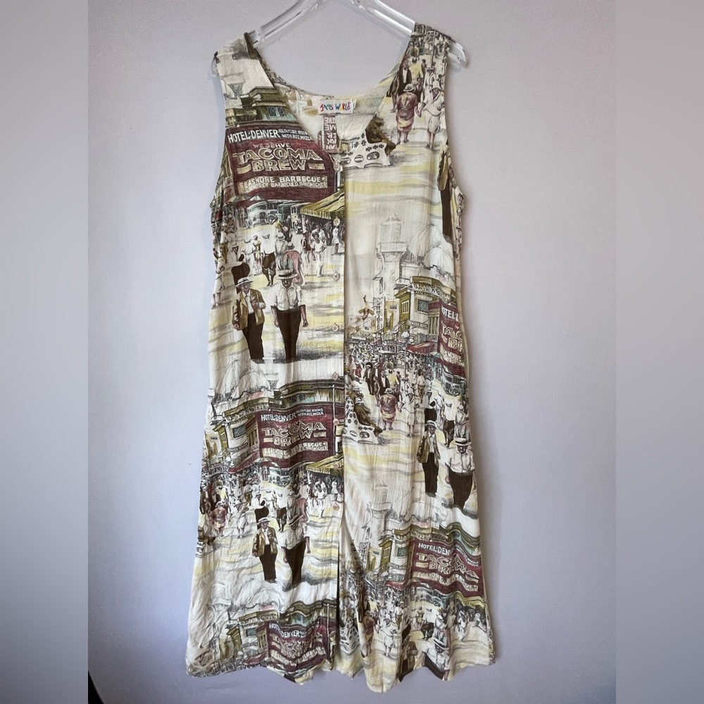 Jams World Rayon Tie‎ Back Vintage Town Scene Maxi Dress XL